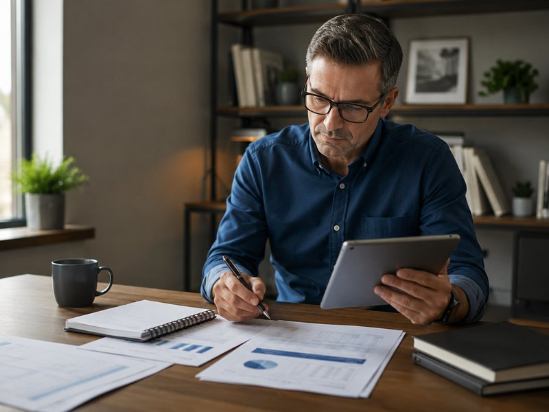 A man reviewing retirement planning documents and a tablet