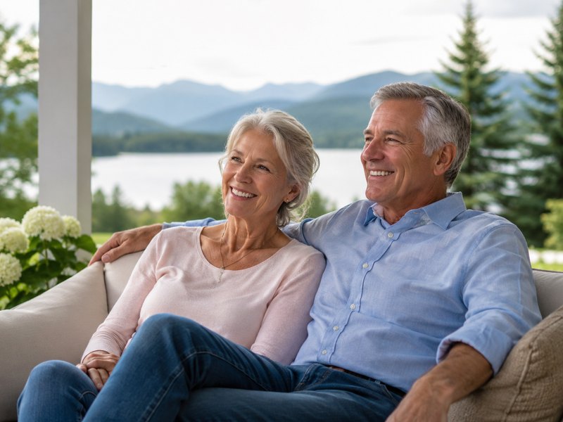 A retired couple relaxing together on a porch overlooking a lake