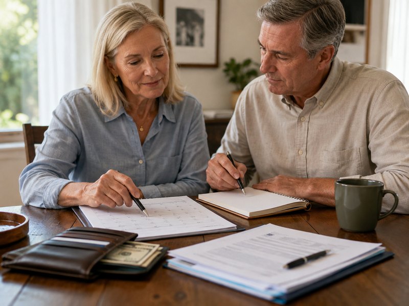 A couple reviewing a calendar and financial documents at home