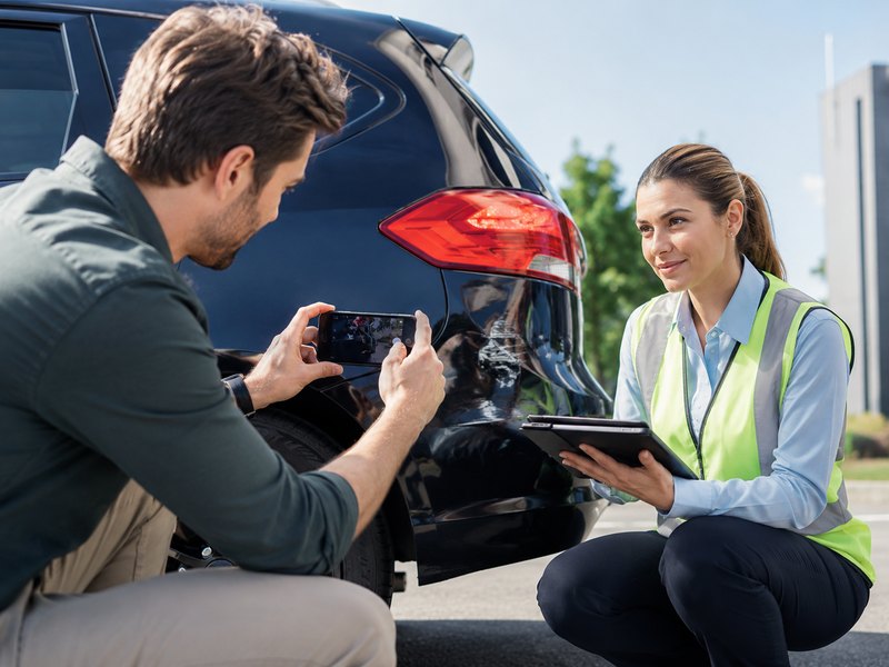 A driver photographing vehicle damage while an insurance adjuster reviews it on a tablet