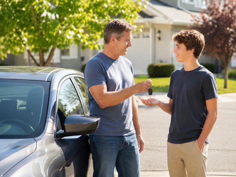 A father handing car keys to his teenage son in their driveway
