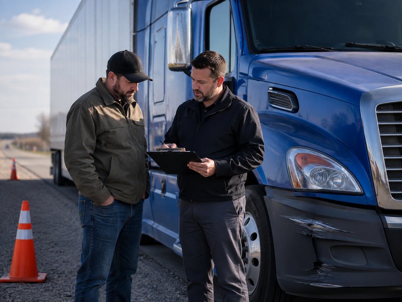 Two people reviewing paperwork on a clipboard beside a tractor-trailer after an incident
