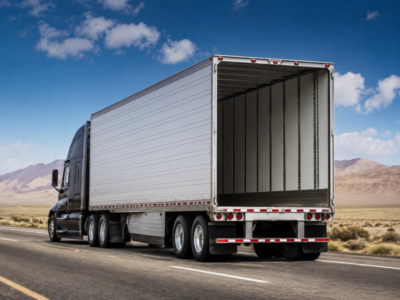 Tractor-trailer on the highway with the trailer's rear doors open showing an empty, unladen cargo area