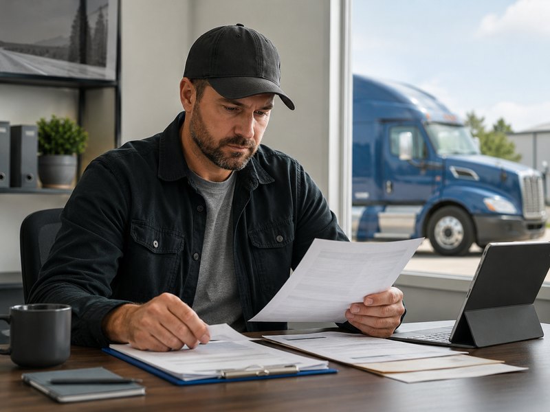Owner-operator reviewing a lease agreement and paperwork at a desk with a tractor-trailer visible outside