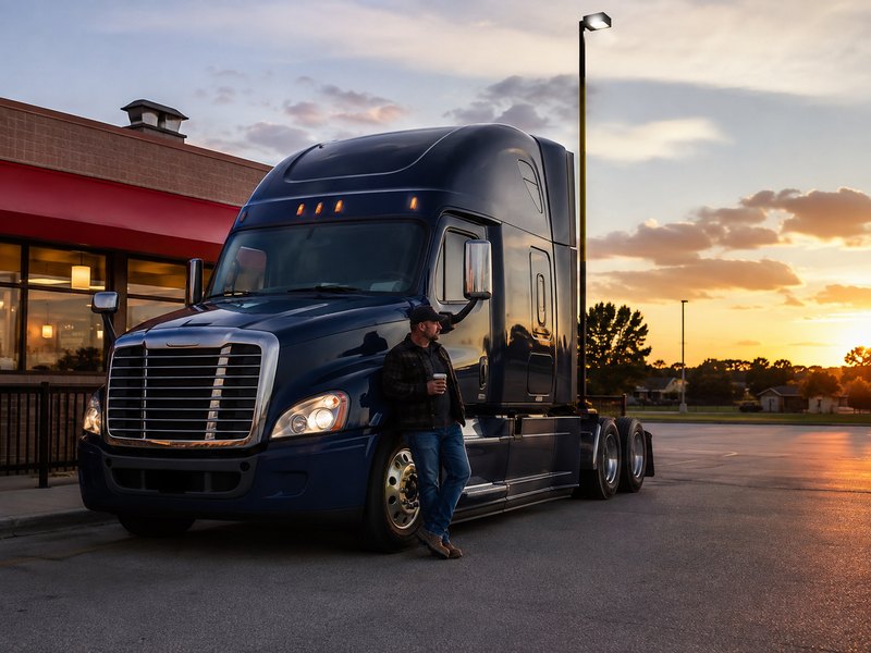 Owner-operator standing beside a parked tractor during off-duty, personal-use time