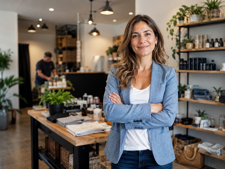 A confident small business owner standing in her boutique retail shop