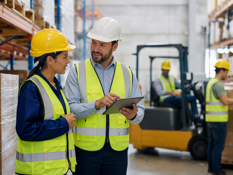 A supervisor and warehouse employee reviewing a safety checklist on a tablet, with coworkers and equipment in the background