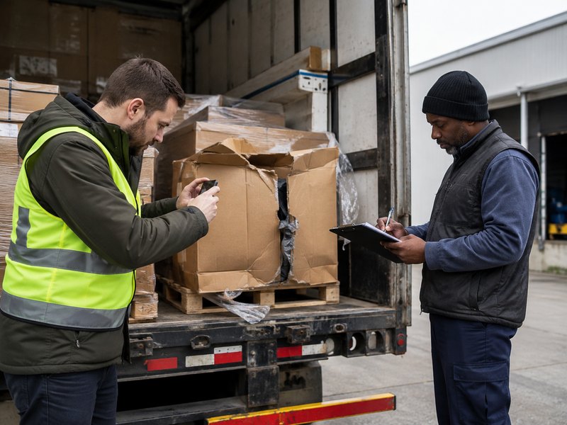 Two workers documenting damage to a freight box with a phone and clipboard