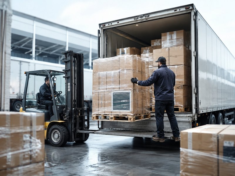 A warehouse loading team securing a pallet into a trailer with a forklift