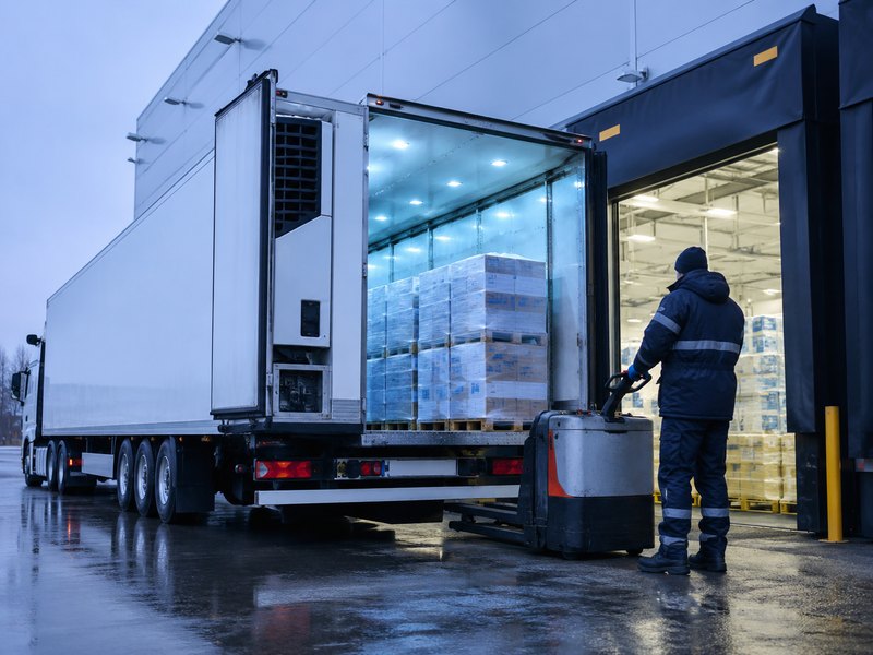 A worker unloading temperature-sensitive freight from a refrigerated trailer at a dock