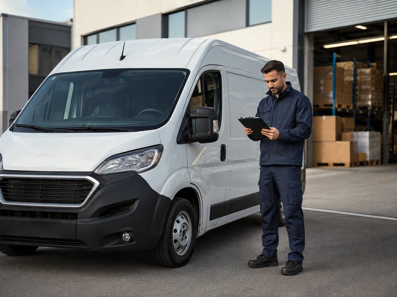 A driver reviewing a pre-trip checklist on a clipboard beside a service van