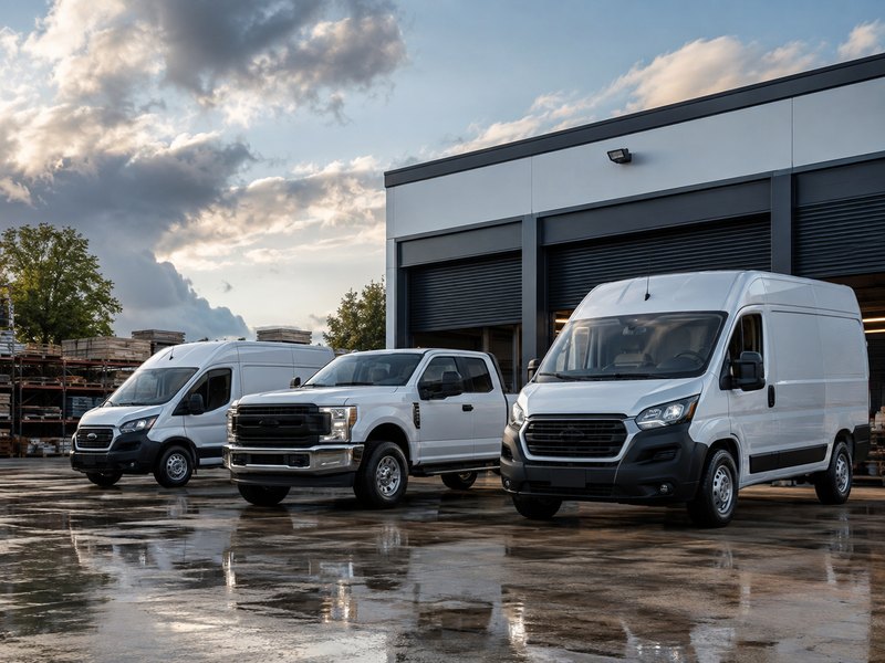A small business fleet of vans and a pickup truck parked outside a warehouse