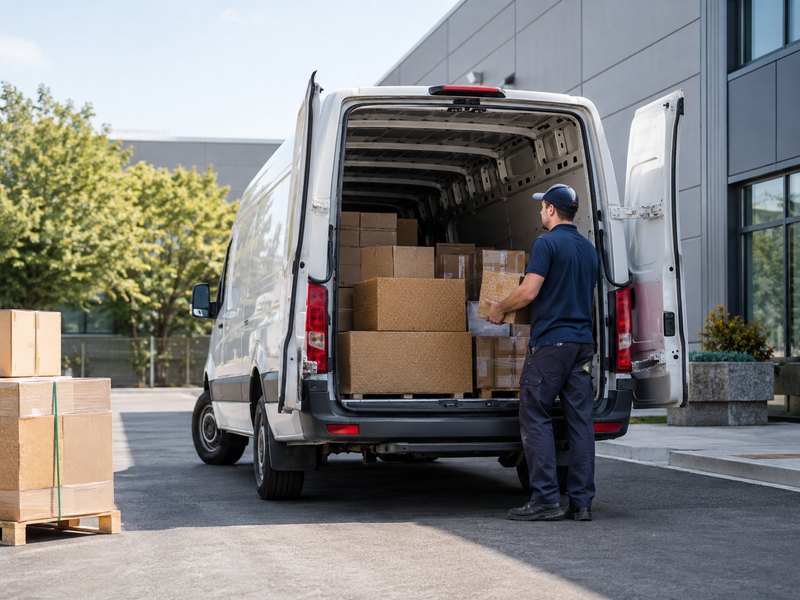 A worker loading boxes into the back of a business delivery van