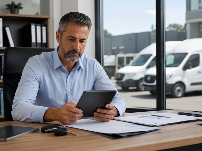 A business owner reviewing vehicle and insurance paperwork at his desk with company vans visible outside
