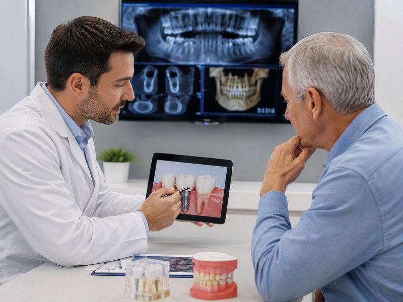 A dentist reviewing an implant treatment plan with a patient on a tablet