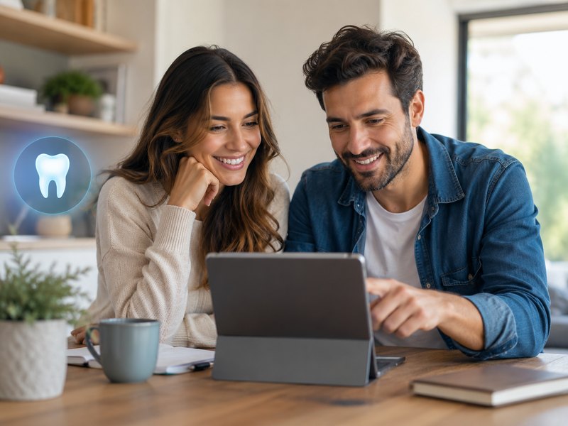 A couple comparing dental plan options together on a laptop