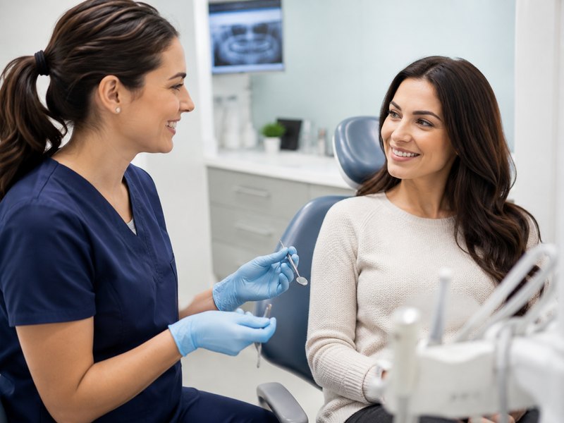 A dentist discussing care with a patient in the exam chair