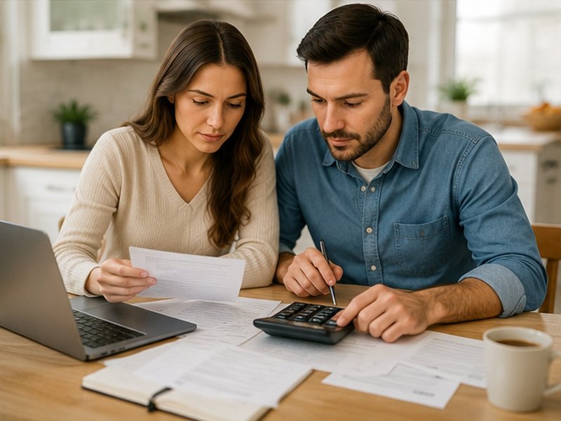 A couple reviewing household bills and budget together