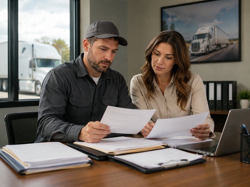 Two people reviewing registration documents together at an office desk
