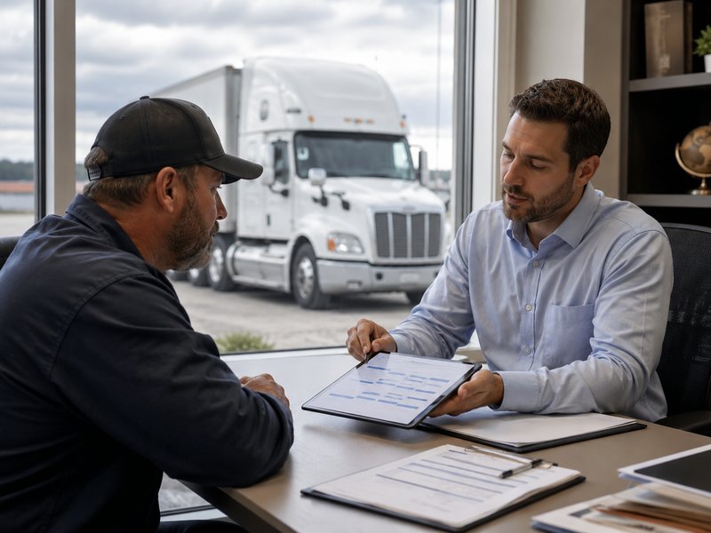 Insurance agent reviewing a registration checklist on a tablet with a trucking client, tractor-trailer visible outside