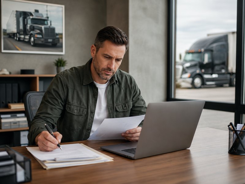 Trucking business owner reviewing registration paperwork at a desk with a laptop, tractor-trailer visible outside