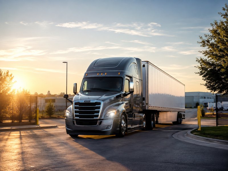 Tractor-trailer departing a business yard at sunrise, ready to begin operations