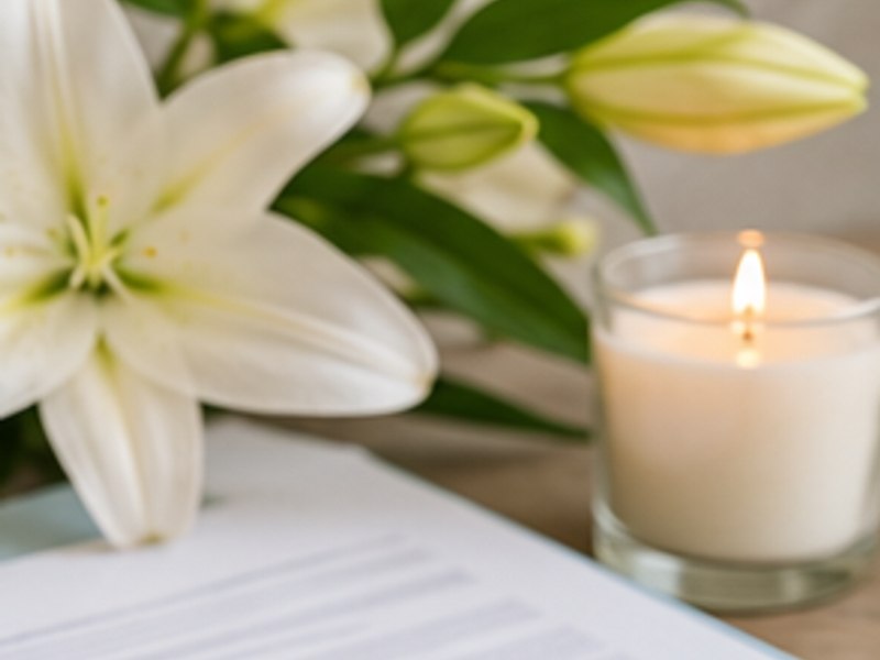 White lilies and a lit candle beside a document, a calm and tasteful scene