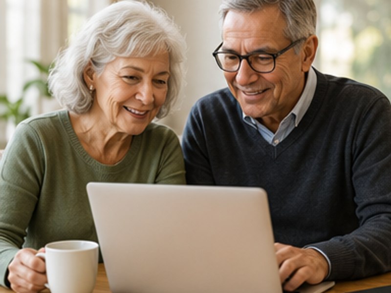 An older couple using a laptop together at home, researching planning options
