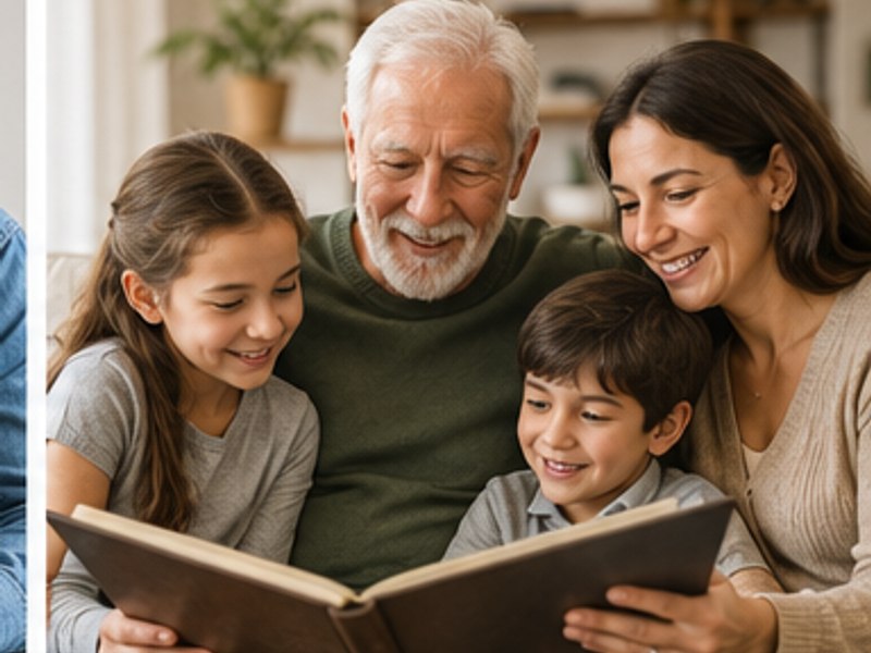 A grandparent sharing a photo album with adult family members and grandchildren