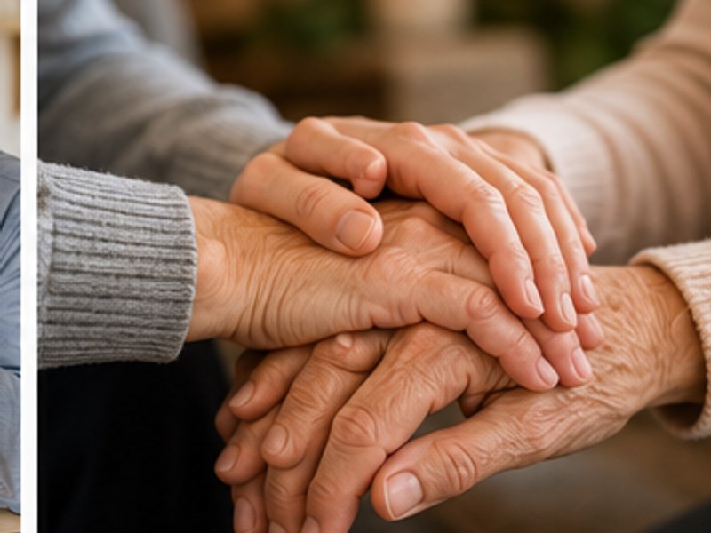 Two people holding hands, offering comfort and support