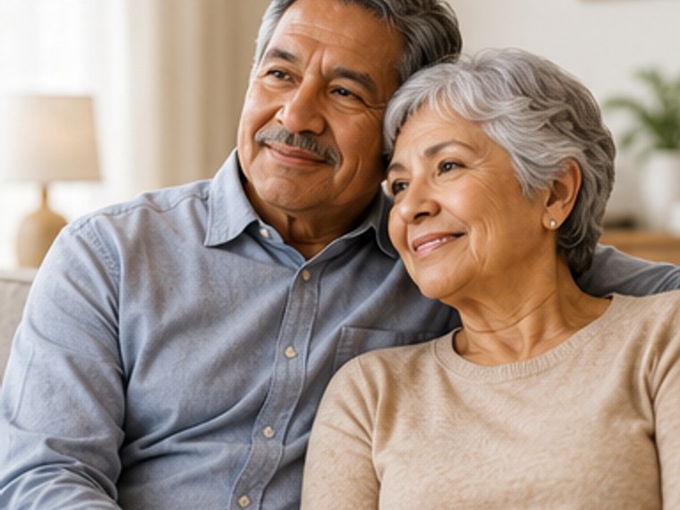 An older couple sitting together at home, calm and at ease