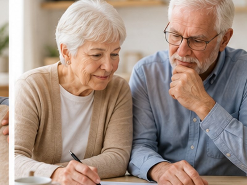 An older couple reviewing planning documents together at home
