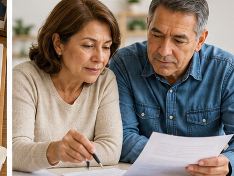 An older couple reviewing planning information together, comparing costs