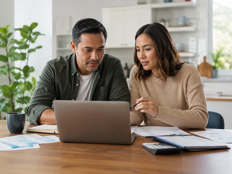 A couple reviewing health plan options together on a laptop at home