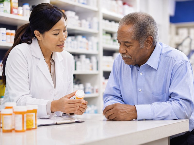 A pharmacist reviewing a prescription with a patient at the pharmacy counter