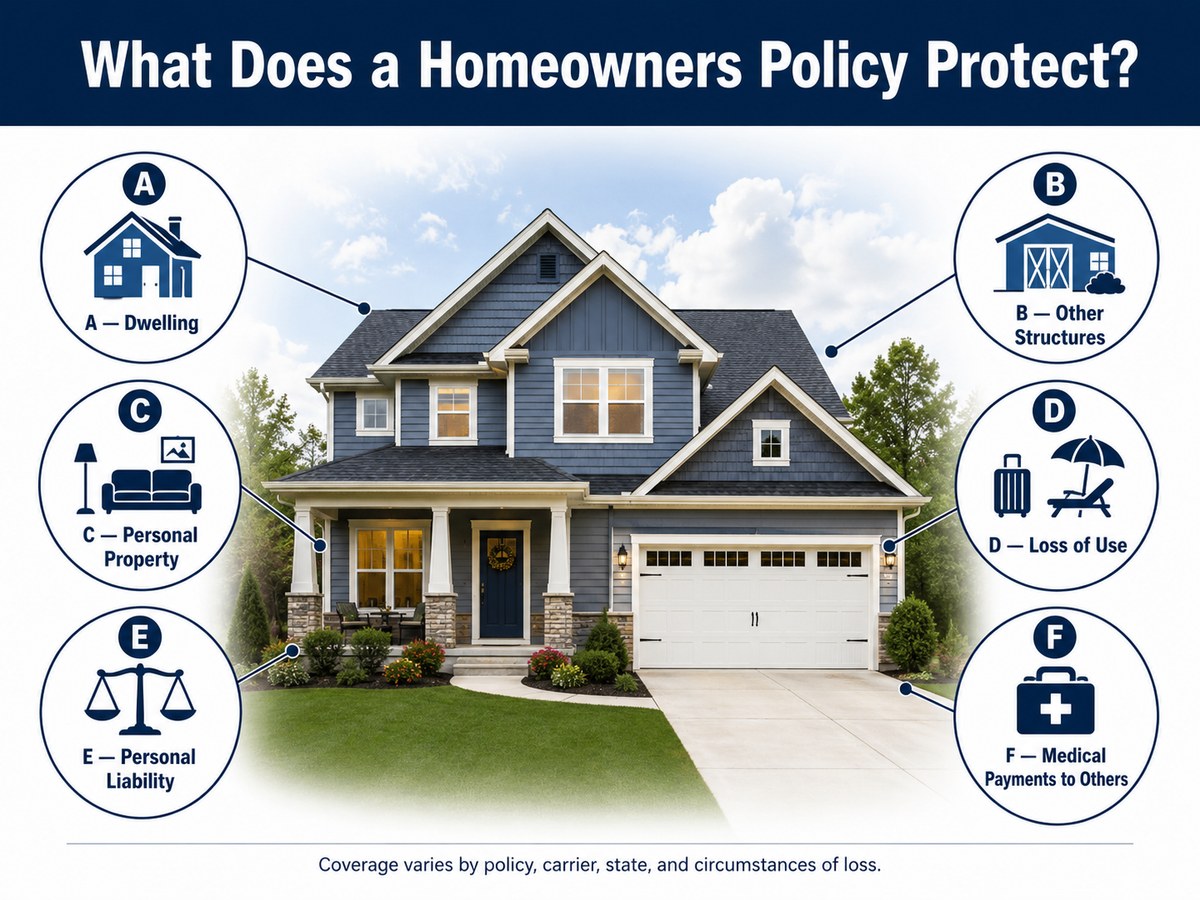 Diagram of a home with six surrounding callouts: A Dwelling, B Other Structures, C Personal Property, D Loss of Use, E Personal Liability, F Medical Payments to Others.