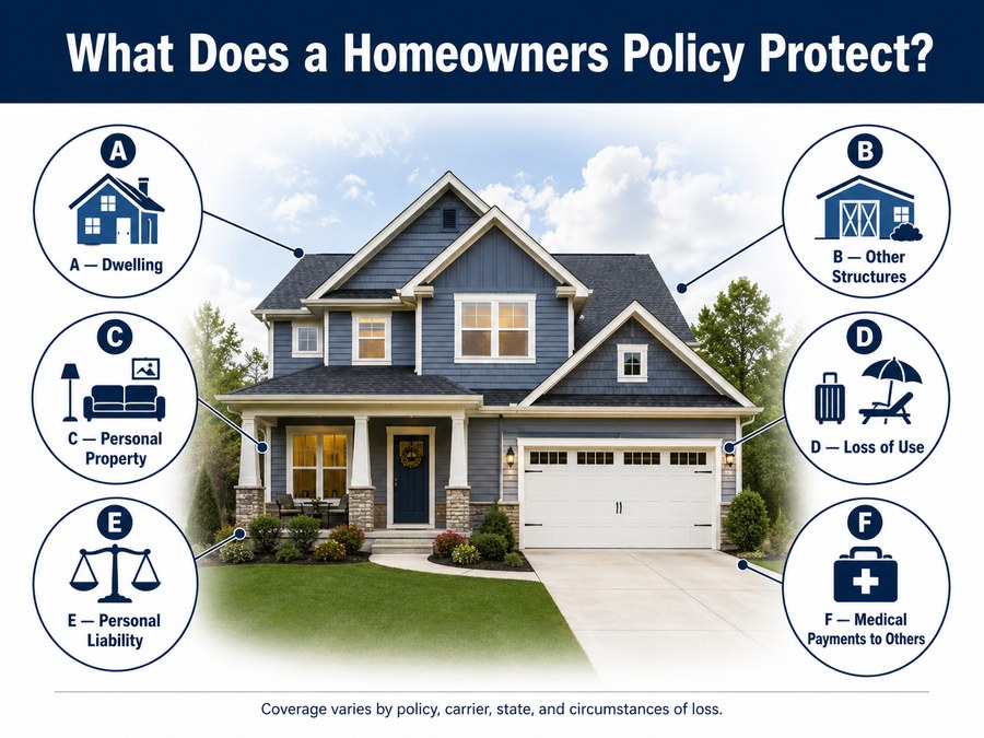 Diagram of a home with six surrounding callouts: A Dwelling, B Other Structures, C Personal Property, D Loss of Use, E Personal Liability, F Medical Payments to Others.