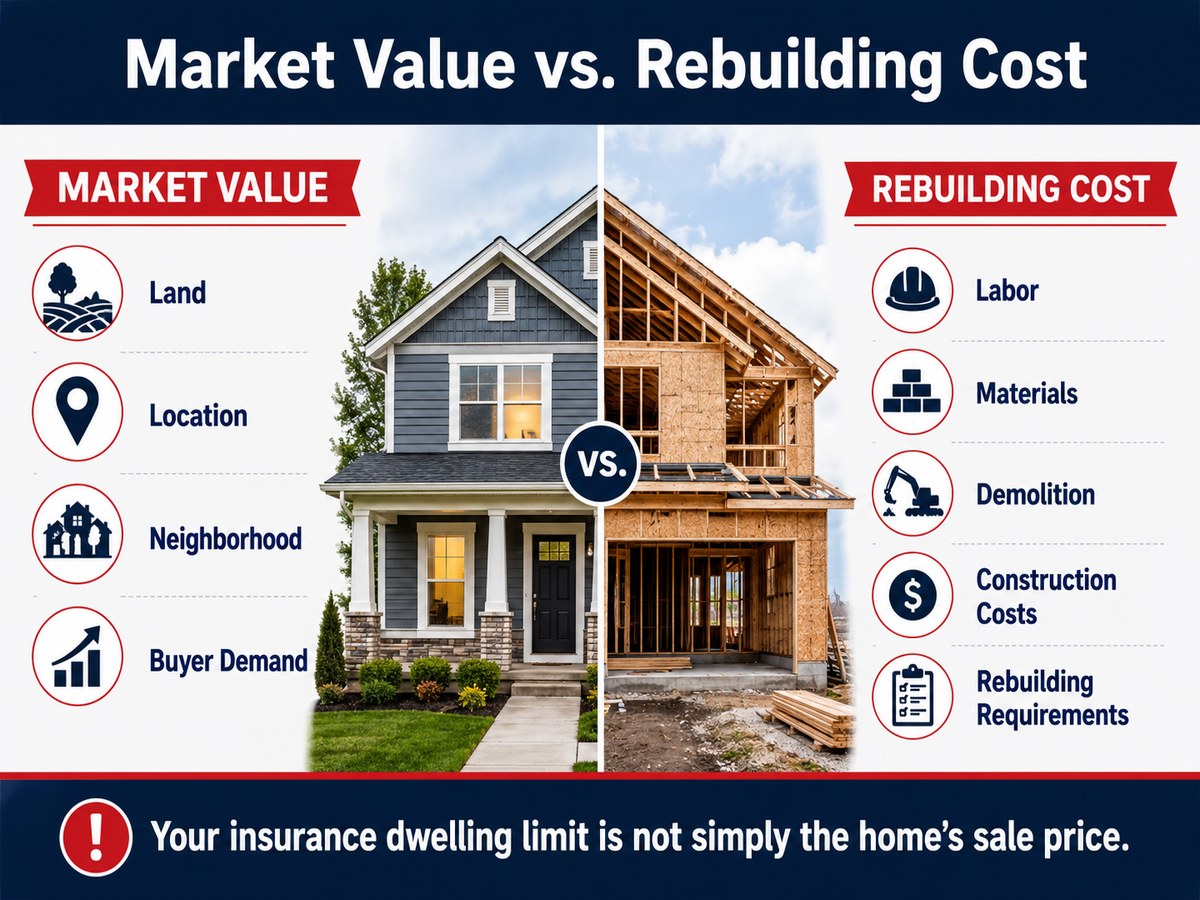 Split comparison: market value is influenced by land, location, neighborhood, and buyer demand; rebuilding cost is influenced by labor, materials, demolition, construction costs, and rebuilding requirements.