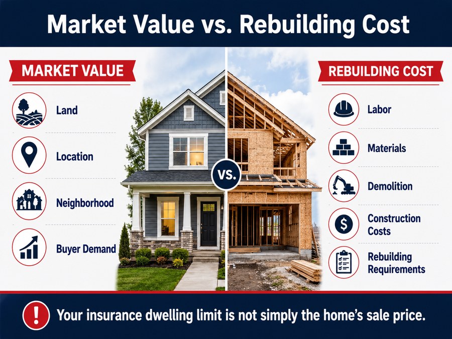 Split comparison: market value is influenced by land, location, neighborhood, and buyer demand; rebuilding cost is influenced by labor, materials, demolition, construction costs, and rebuilding requirements.