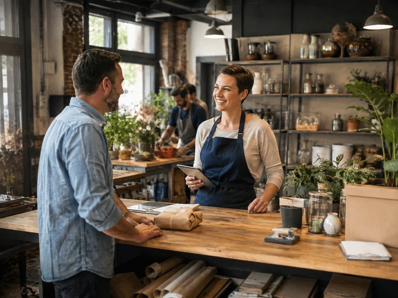 A small business owner assisting a customer at the counter of a shop