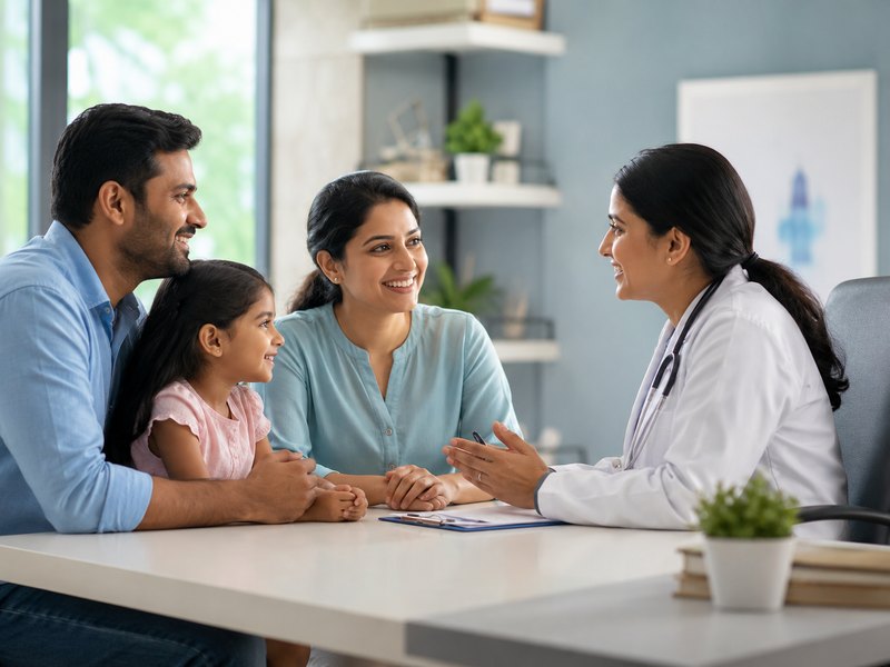A family speaking with a doctor during an office visit