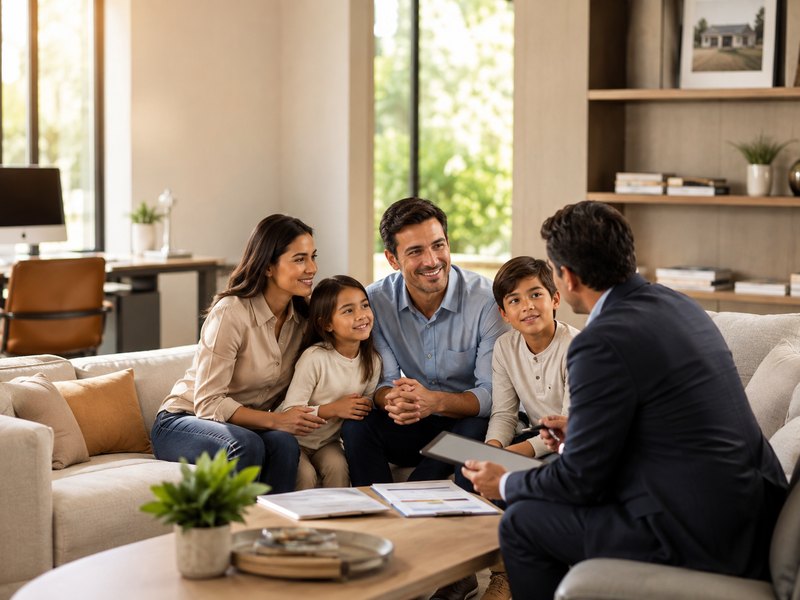 A family meeting with an advisor at home to review life insurance protection
