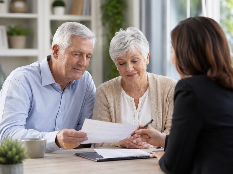 A mature couple reviewing Medicare plan documents with an advisor