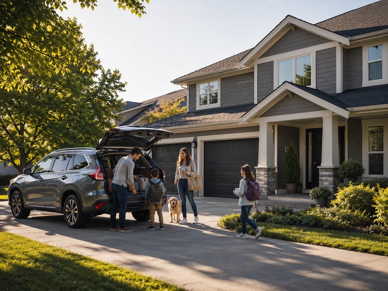 A family loading their SUV in the driveway of their home