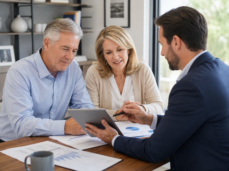 A mature couple reviewing retirement income projections with an advisor
