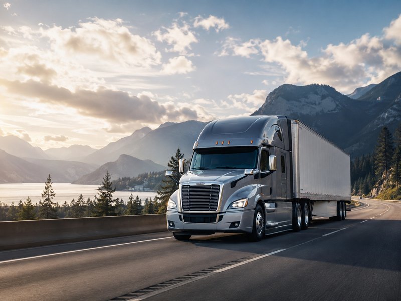 A tractor-trailer on a scenic mountain highway at sunrise
