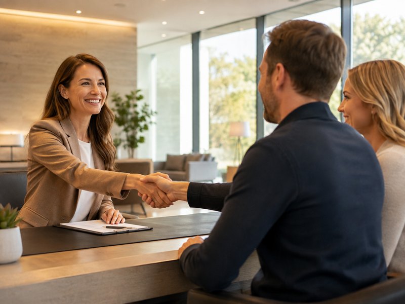An insurance agent shaking hands with clients in a bright office lobby