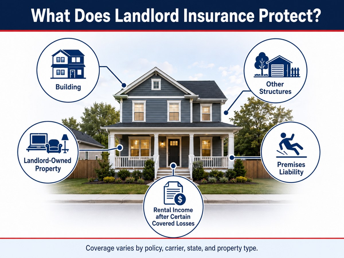Diagram of a rental home with callouts for Building, Other Structures, Landlord-Owned Property, Rental Income after Certain Covered Losses, and Premises Liability.