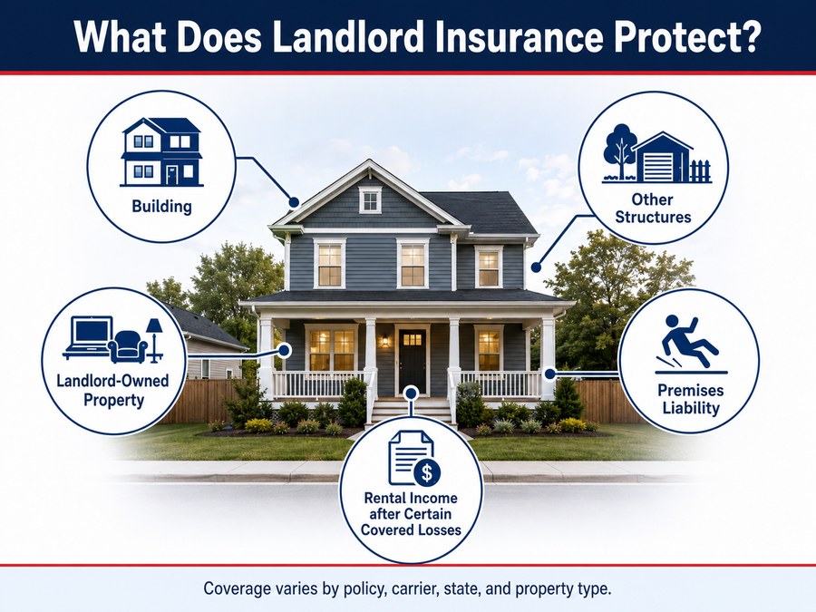 Diagram of a rental home with callouts for Building, Other Structures, Landlord-Owned Property, Rental Income after Certain Covered Losses, and Premises Liability.