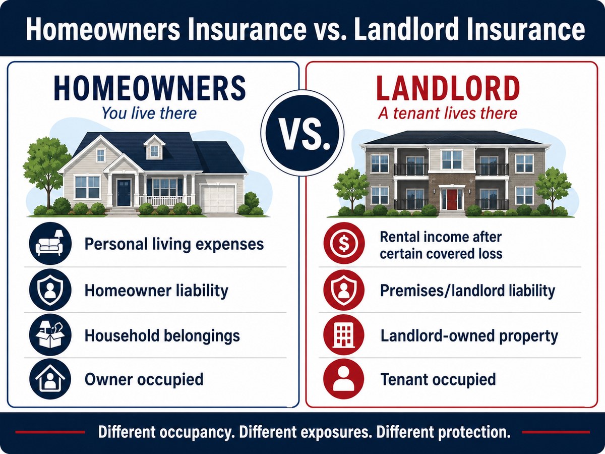 Side-by-side comparison: homeowners insurance (you live there) versus landlord insurance (a tenant lives there).